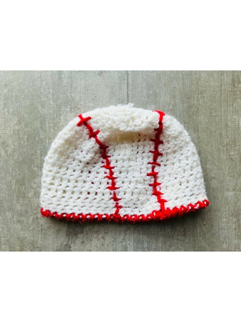 Handmade Homemade White Baseball Knit Winter Hat Beanie Cap Baby 0-24 Boy